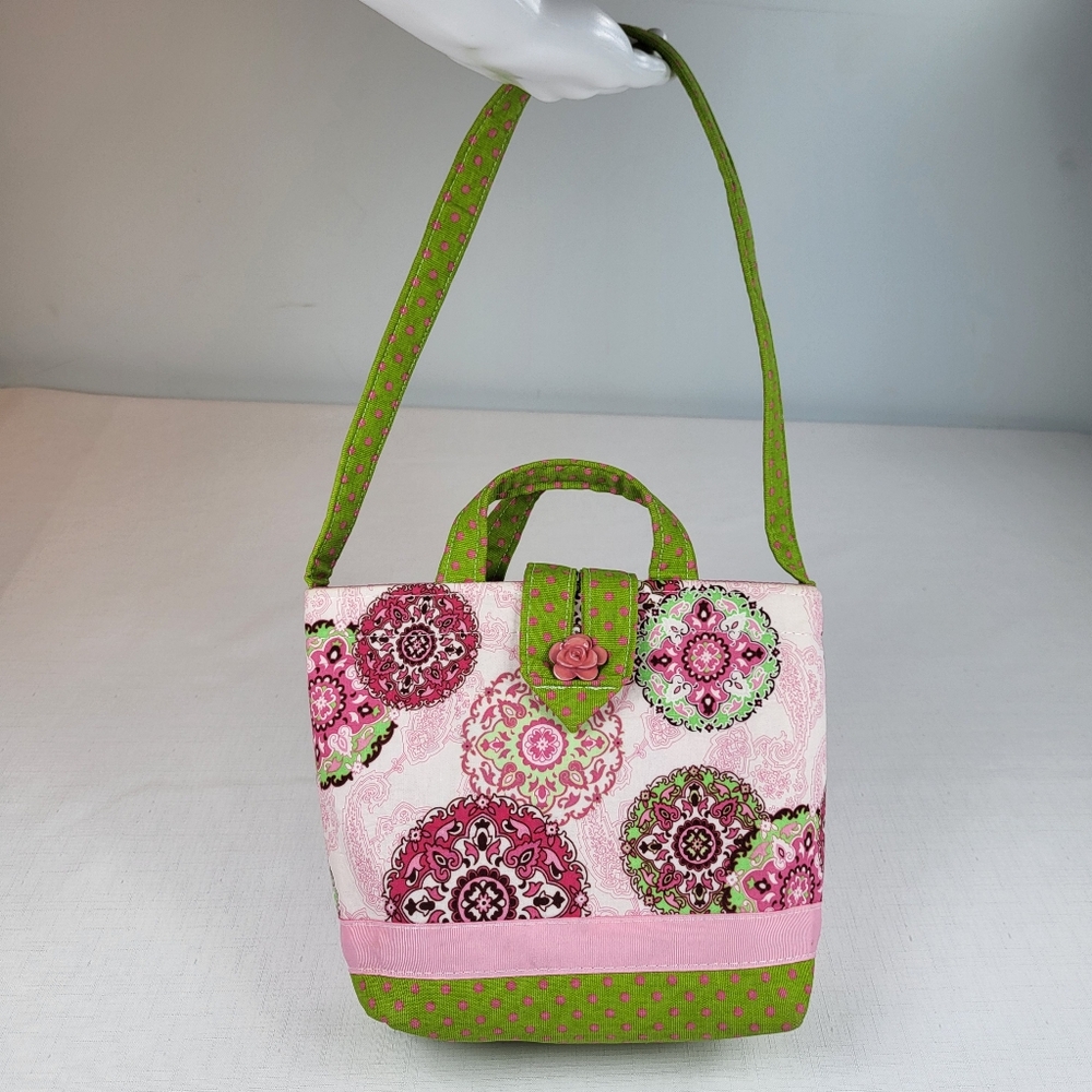 Ever Sew English Handmade PURSE Handbag Small Tote Fabric Green Pink Medallions - Picture 13 of 13